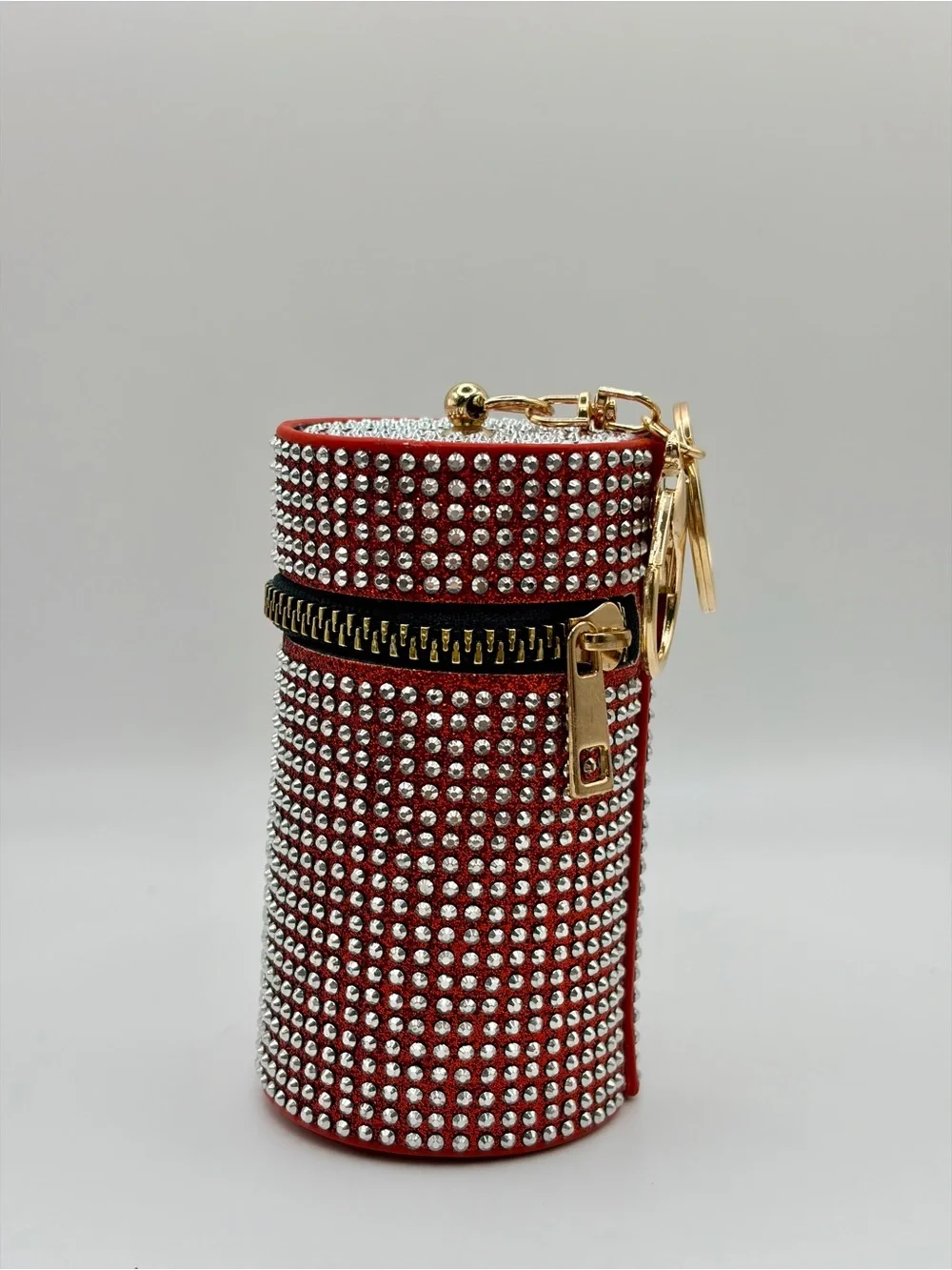 Red Rhinestone Keychain Cylinder Pouch